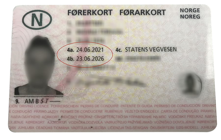 Bilde av et førerkort som viser dato for utstedelse og utløp