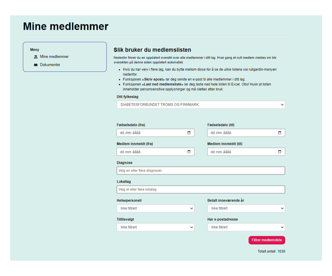 Skjermdump av Min side som viser filtreringsmulighetene
